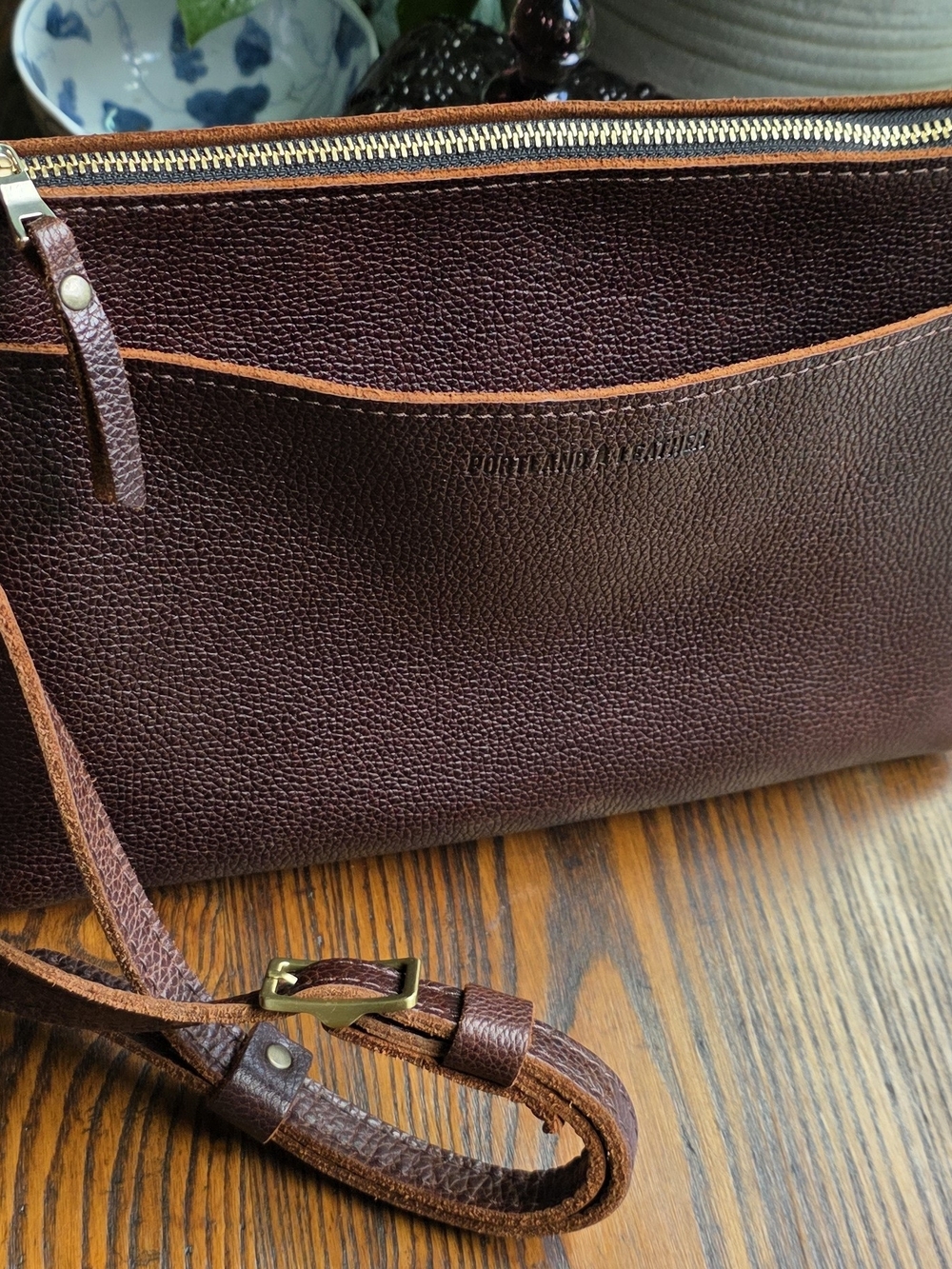 Portland Leather Brown Pebbled Leather Shoulder Bag with Tan Trim